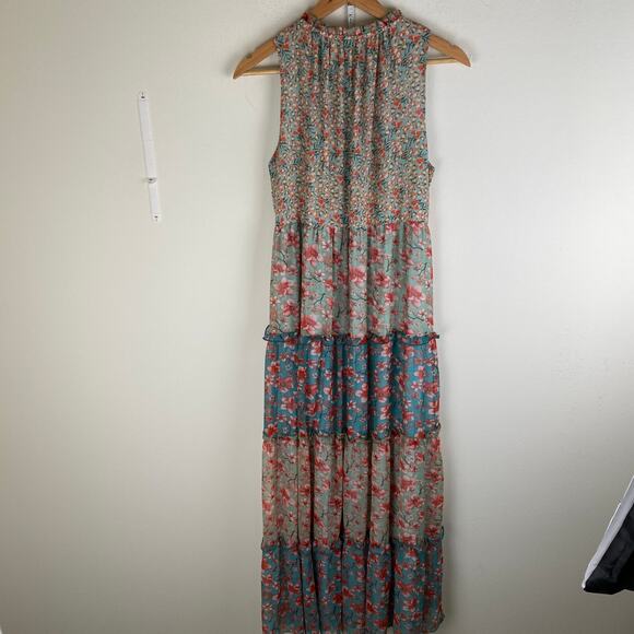 Allison Floral Maxi Dress Size Medium Turquoise Pink Sleeveless Tiered Peasant - Picture 7 of 12